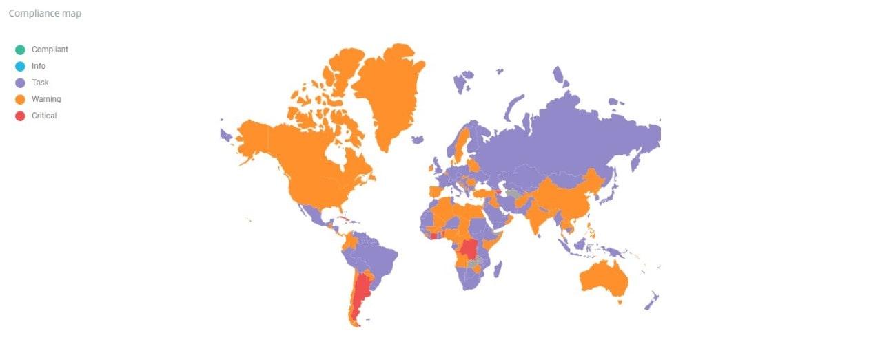 With the compliance map, you can quickly see your products' compliance statuses around the world